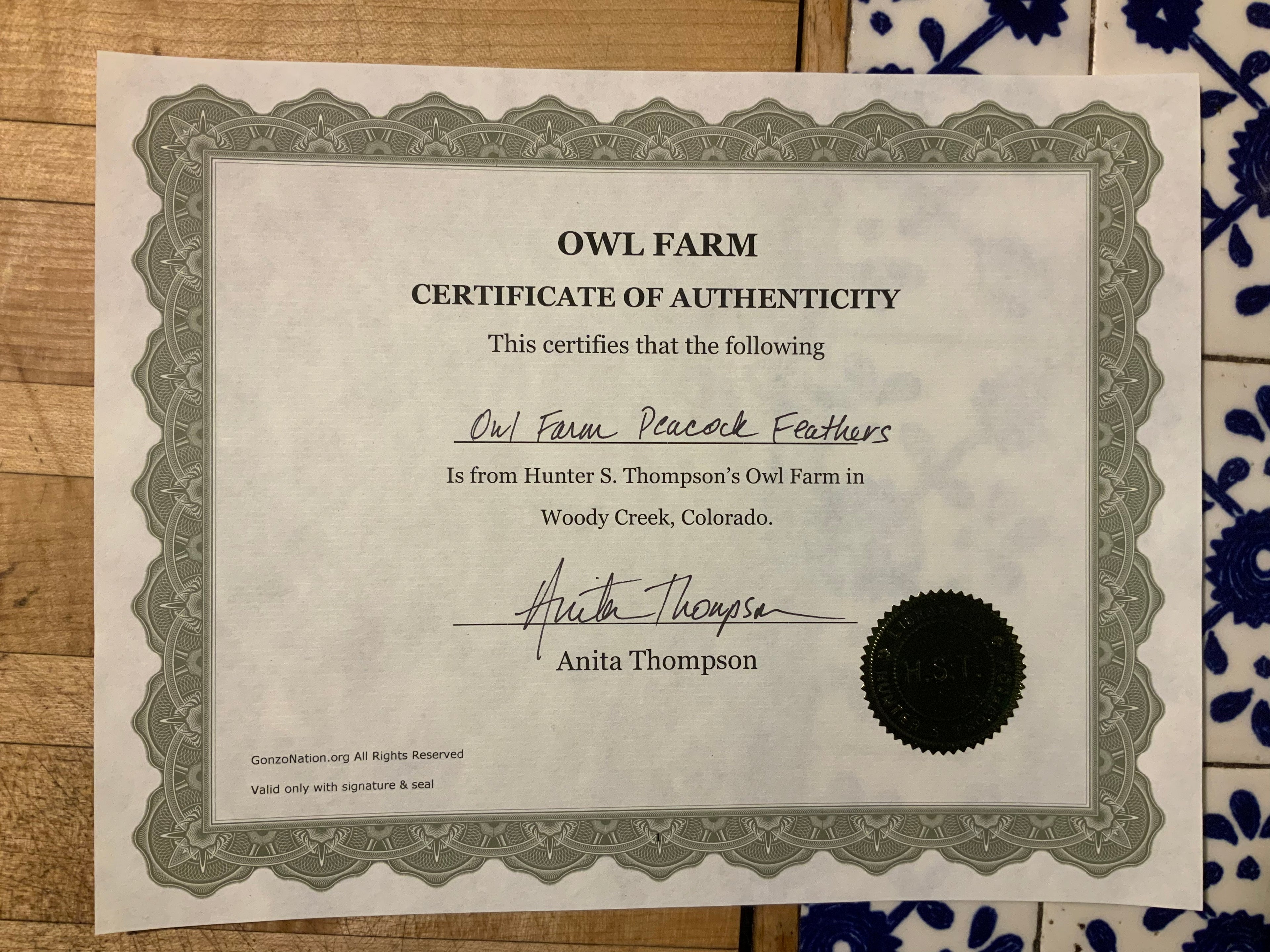 Authentic Owl Farm Peacock Feather -- lineage of Hunter S. Thompson's Owl Farm birds.