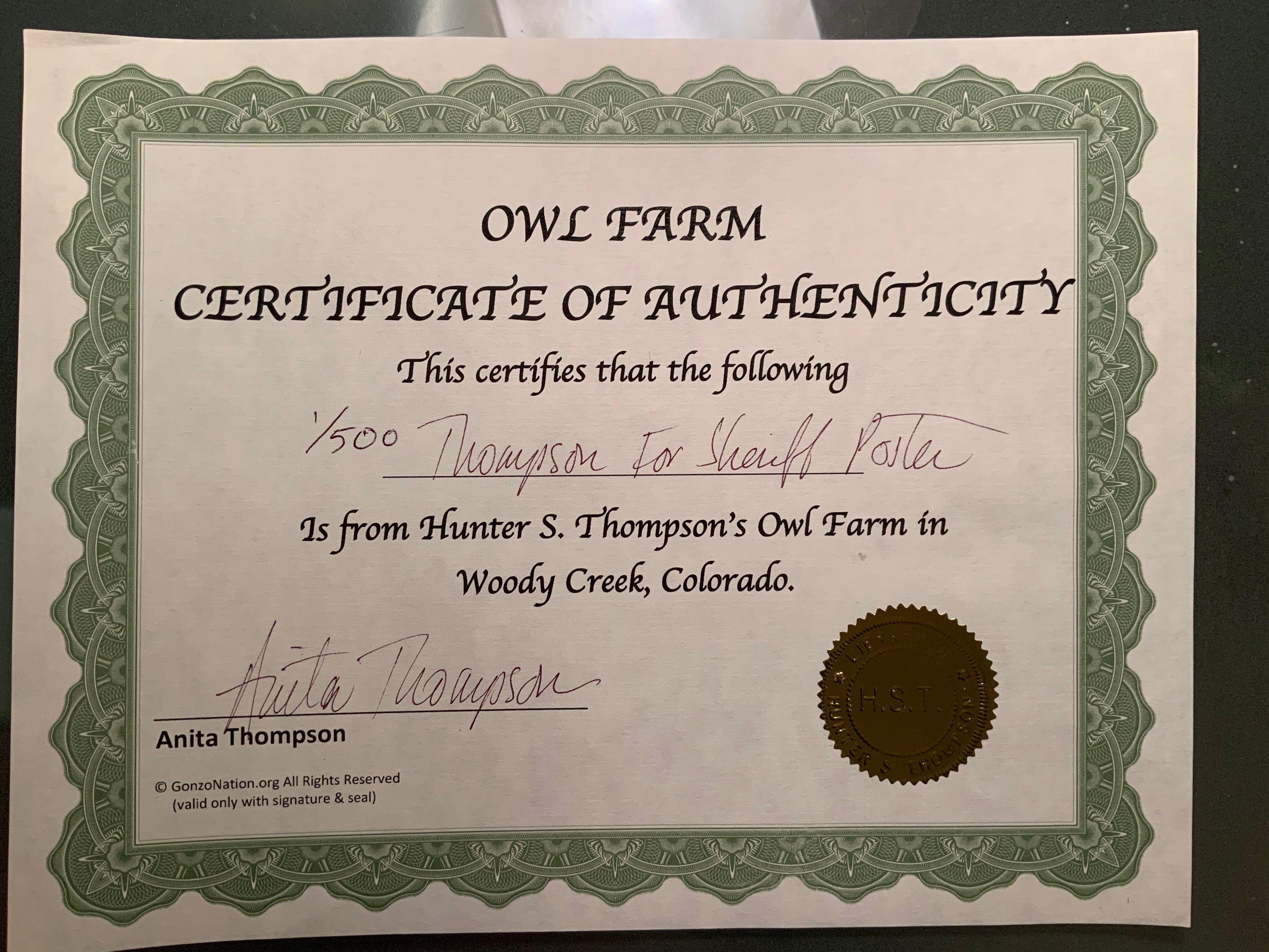 Original Limited Edition Hunter S. Thompson Memorial Print by Ralph Steadman and signed by Gonzo family