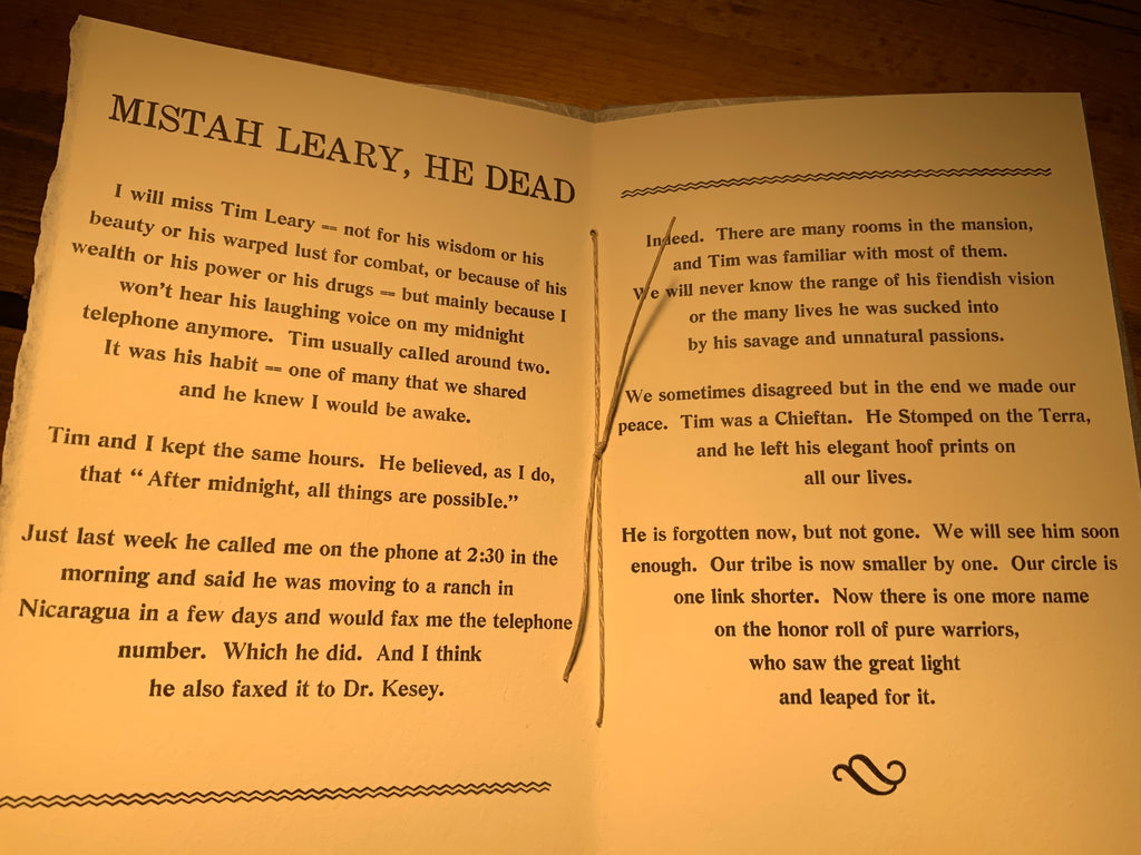 Mistah Leary He Dead -- Handmade paperback limited edition book embossed with Hunter's seal.