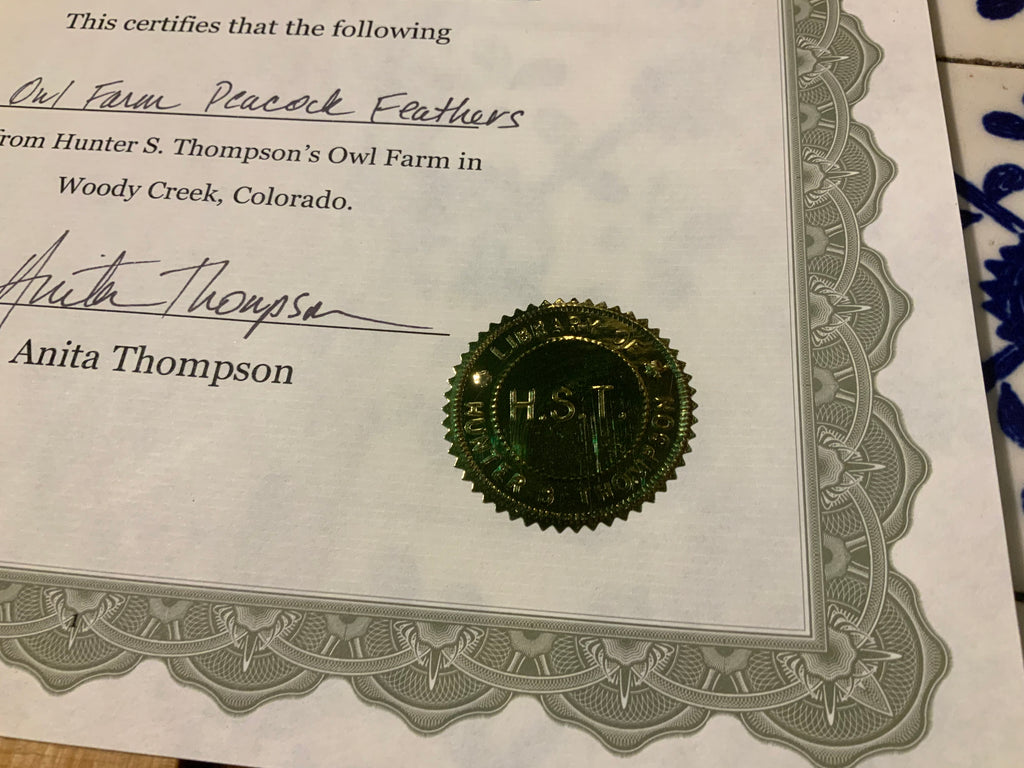Authentic Owl Farm Peacock Feather -- lineage of Hunter S. Thompson's Owl Farm birds.