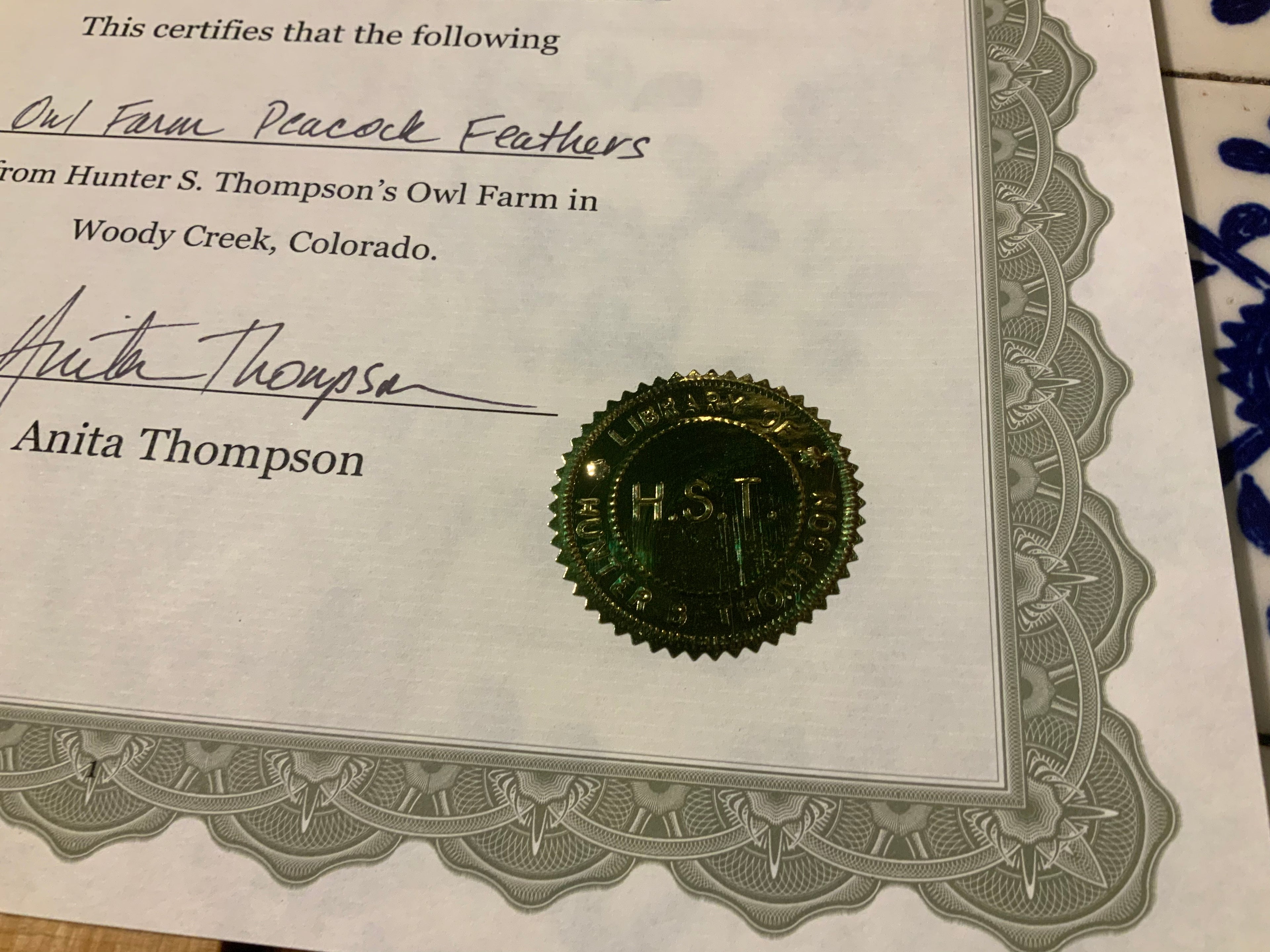 Authentic Owl Farm Peacock Feather -- lineage of Hunter S. Thompson's Owl Farm birds.